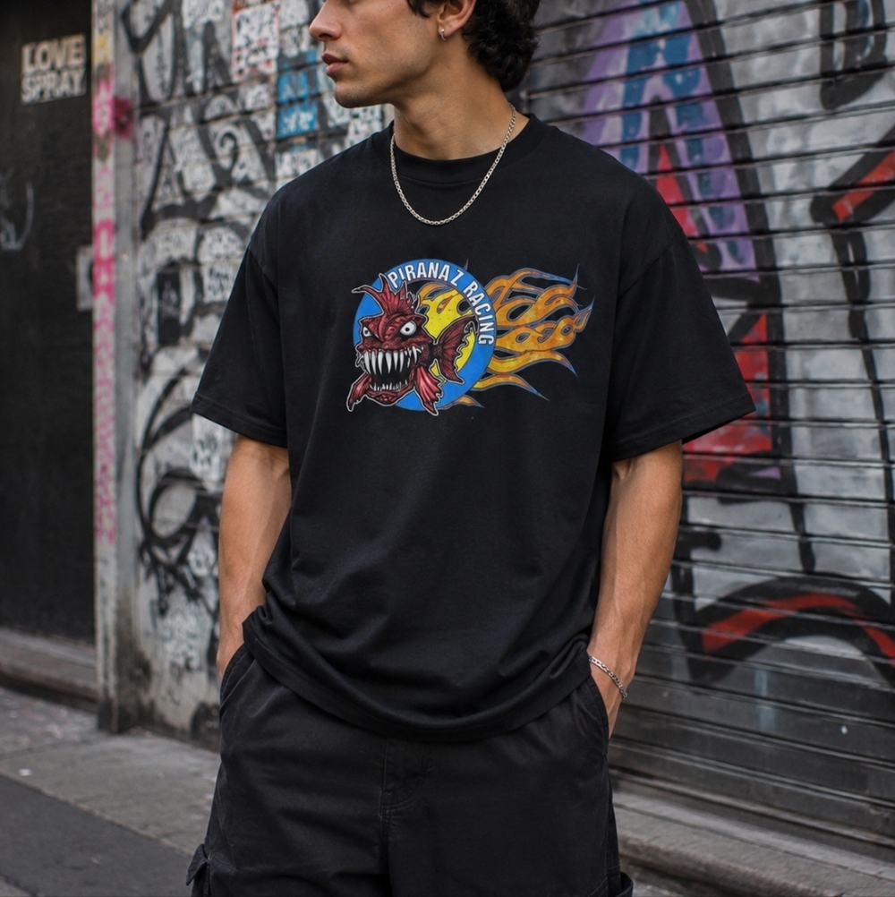 Piranaz Racing Graphic T-Shirt XL Black Flame Fish Tee Y2K Streetwear Cotton